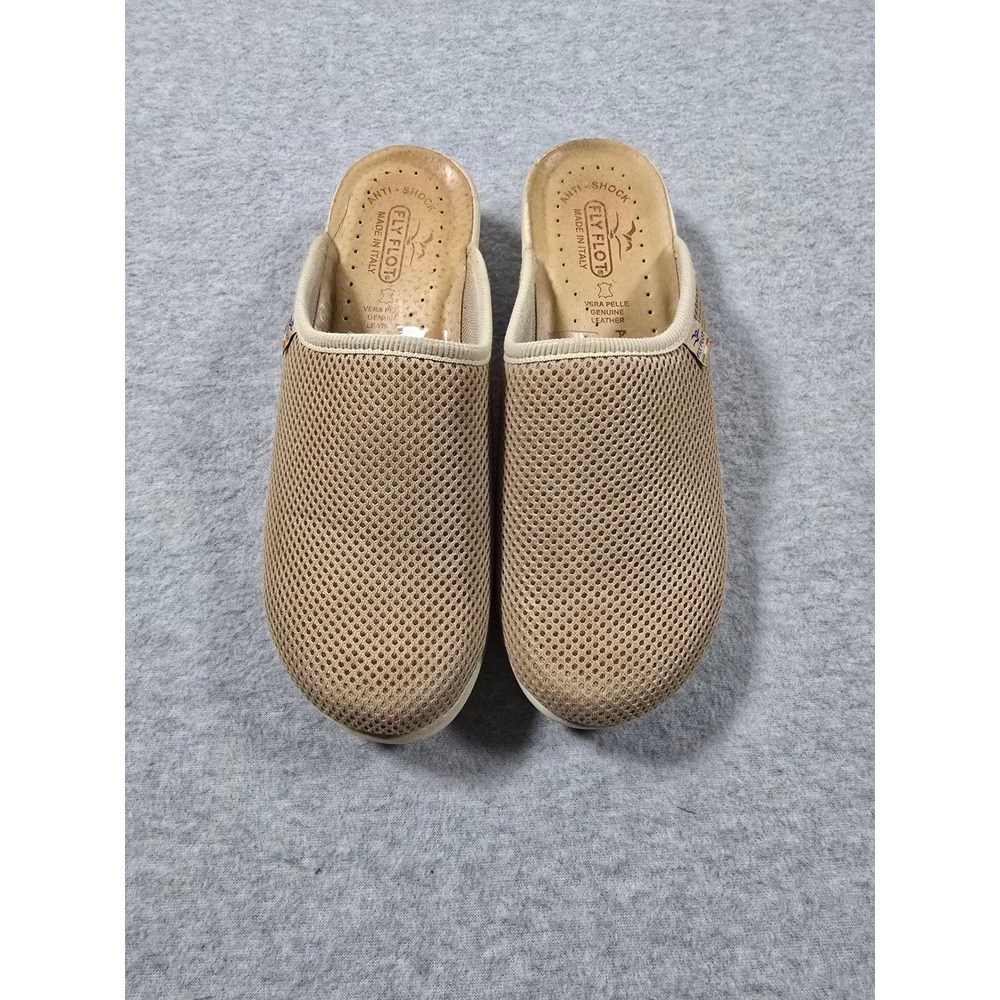 Fly Flot Womens Tan Mesh Anti-Shock Clogs Made in Italy Beige Mules Size 39